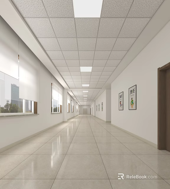 Office Corridor With White Walls Sleek Tiled Floor Ceiling Lights Windows And Decorative Paintings 3d model 