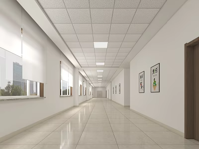 Office Corridor With White Walls Sleek Tiled Floor Ceiling Lights Windows And Decorative Paintings 3d model