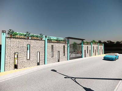 Garden Landscape With Brick Wall Green Plants And Blue Accents Decorative Gate 3d model