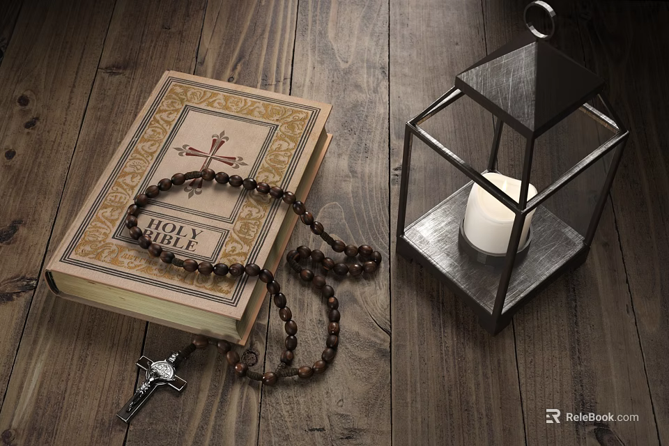 Decorative Ornament Combination With Bible Rosary Beads Metal Lantern White Candle Cross On Wooden Background 3d model 