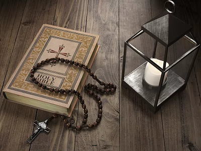 Decorative Ornament Combination With Bible Rosary Beads Metal Lantern White Candle Cross On Wooden Background 3d model