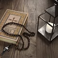Decorative Ornament Combination With Bible Rosary Beads Metal Lantern White Candle Cross On Wooden Background