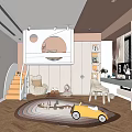 Modern Kids Room Interior With Staircase Circular Decor White Chair Toy Car And Rug