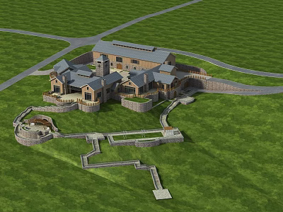 Luxury Residential Estate With Expansive Green Lawn Circular Driveway And Courtyard Design 3d model