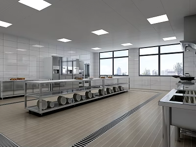 Commercial Restaurant Kitchen Interior With Stainless Steel Worktables Windows And Lighting 3d model