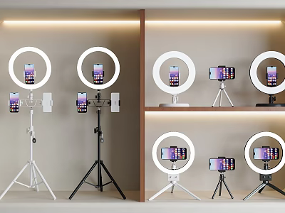 Live Stream Room Setup with Multiple Ring Lights Phone Tripods and Smartphones 3d model