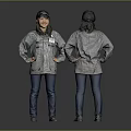 Woman Posing in Grey Striped Jacket Black Cap and Blue Jeans Front Back View