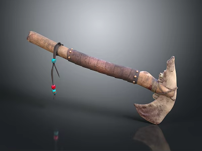 Primitive Tribal Weapon Axe With Wooden Handle Leather Straps Colorful Beads And Bone Head 3d model
