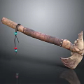 Primitive Tribal Weapon Axe With Wooden Handle Leather Straps Colorful Beads And Bone Head