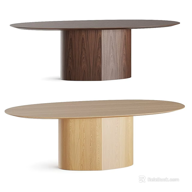 Modern Wooden Dining Tables With Round Oval Shapes And Cylindrical Bases In Dark Light Tones 3d model 