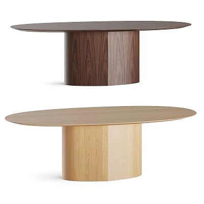 Modern Wooden Dining Tables With Round Oval Shapes And Cylindrical Bases In Dark Light Tones 3d model