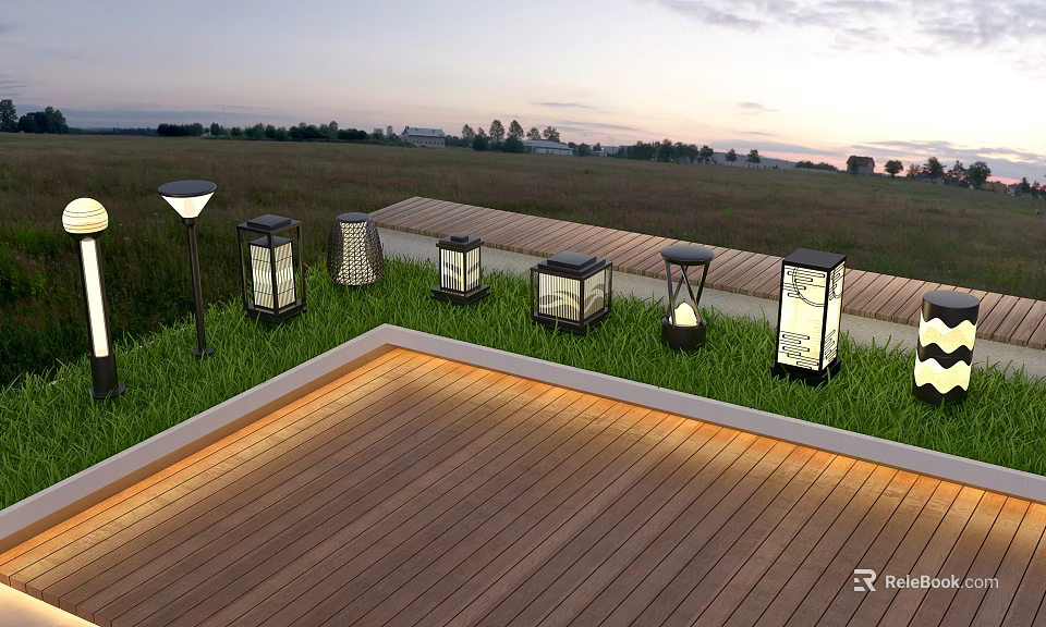 Various Outdoor Lights Illuminating Wooden Deck And Grass In Evening Scenic View 3d model 