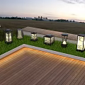 Various Outdoor Lights Illuminating Wooden Deck And Grass In Evening Scenic View