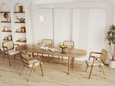 Quiet Wind Restaurant Dining Table Dining Chair Dining Table and Chair Combination Long Table Chandelier 3d model