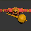 Golden Horned Red Skinned Mythical Character Creature Standing With Flowing Sashes Holding Golden Hammer