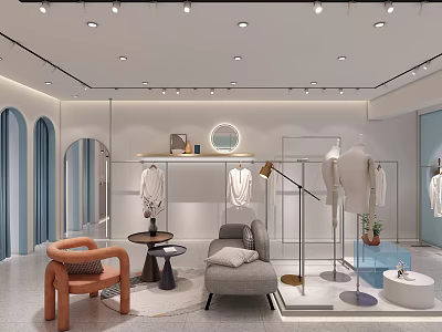 Stylish Modern Clothing Store Interior With Mannequins Seating And Decorative Elements 3d model