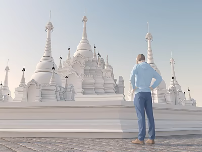 Spiritual individual standing before white religious spires and pagodas on stone pavement under clear sky 3d model