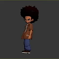 Stylized 3D Character With Afro Hairstyle Brown Jacket White Shirt Blue Pants And Gray Shoes