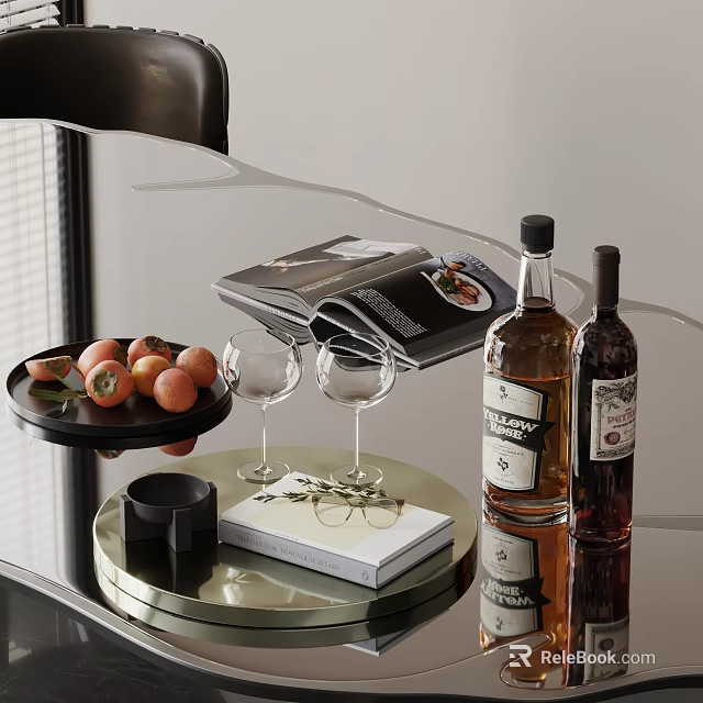 Elegant Wine Bottles And Glasses Arranged With Fresh Peaches Open Magazine On Metallic Tabletop 3d model 