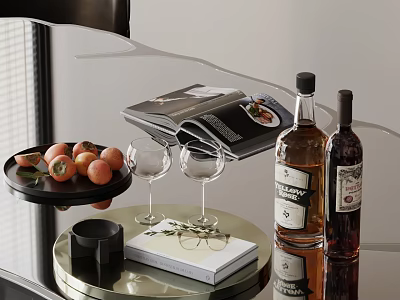 Elegant Wine Bottles And Glasses Arranged With Fresh Peaches Open Magazine On Metallic Tabletop 3d model