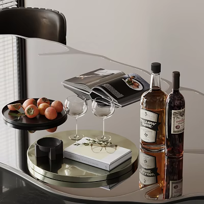 Elegant Wine Bottles And Glasses Arranged With Fresh Peaches Open Magazine On Metallic Tabletop 3d model