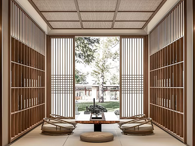 Traditional Tea Room Interior Design With Wooden Grilles Garden View And Floor Cushions 3d model