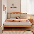 Cozy Wooden Double Bed with Scalloped Headboard Orange Blanket Pillows Nightstand Lamp Wall Art Floating Shelves