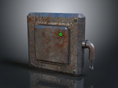 Rusty Metal Box With Green Indicator Light And Side Pipe Fixture 3d model