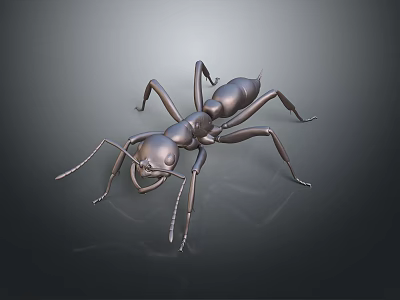 Metallic Ant Sculpture With Detailed Legs And Antennae On Dark Reflective Surface 3d model