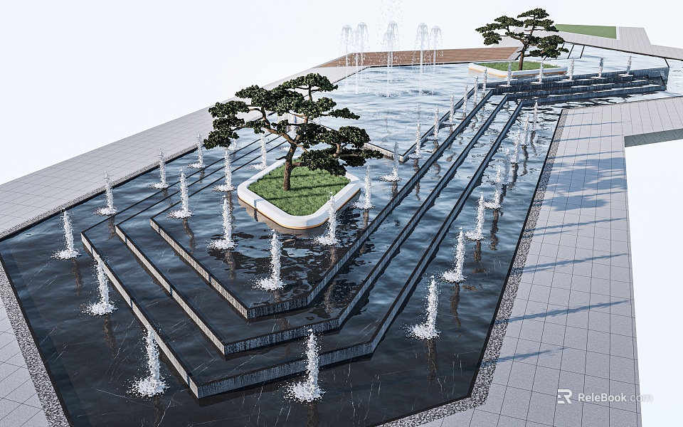 Tiered Water Fountain Design With Central Tree And Surrounding Water Jets In Open Paved Space 3d model 