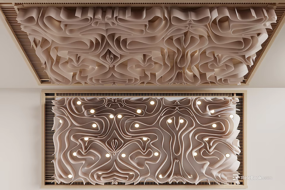 Artistic 3D Ceiling Design with Intricate Wavy Texture and Integrated Lighting in Golden Frame 3d model 