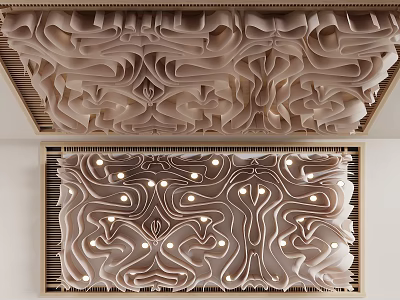 Artistic 3D Ceiling Design with Intricate Wavy Texture and Integrated Lighting in Golden Frame 3d model