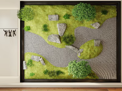 Indoor Living Plant Wall Design With Moss Greenery Decorative Stones And Curved Gravel Pathway 3d model