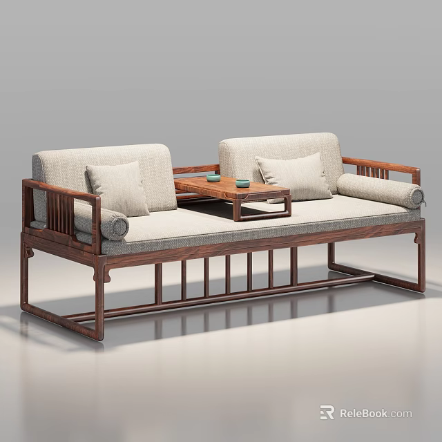 Chinese Style Luohan Bed With Wooden Frame Light Colored Cushions And Small Tea Table 3d model 