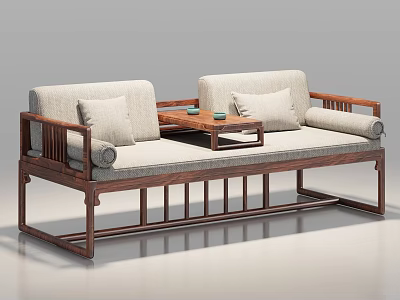 Chinese Style Luohan Bed With Wooden Frame Light Colored Cushions And Small Tea Table 3d model
