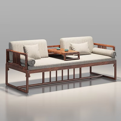 Chinese Style Luohan Bed With Wooden Frame Light Colored Cushions And Small Tea Table 3d model