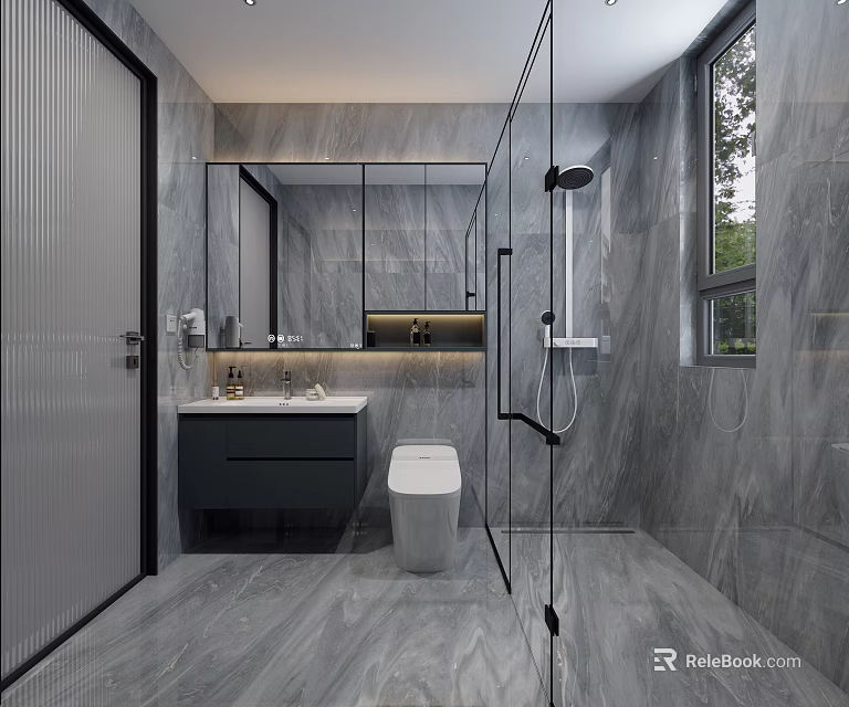 Modern Grey Marble Bathroom Interior With Smart Toilet Vanity And Frameless Glass Shower Enclosure 3d model 