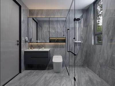 Modern Grey Marble Bathroom Interior With Smart Toilet Vanity And Frameless Glass Shower Enclosure 3d model