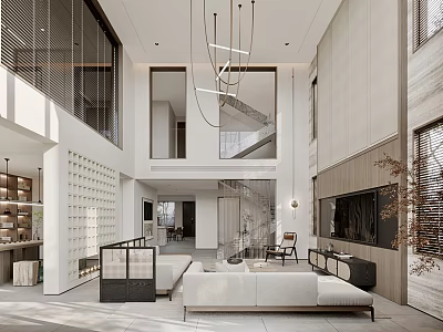 Modern Duplex Living Room Interior Design With White Sofa Hanging Chandelier And Large Windows 3d model