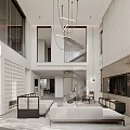 Modern Duplex Living Room Interior Design With White Sofa Hanging Chandelier And Large Windows