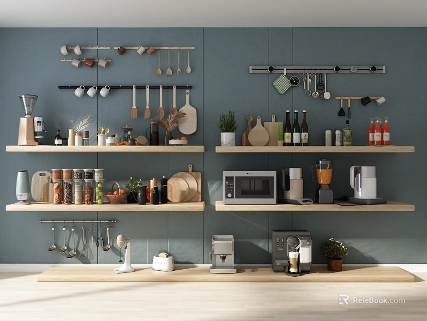 Organized Hanging Kitchen Utensils On Dark Blue Wall With Wooden Shelves And Appliances 3d model 