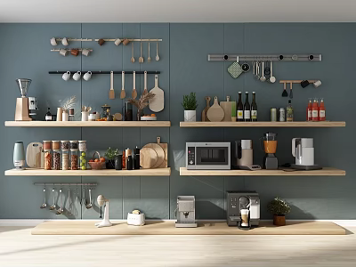 Organized Hanging Kitchen Utensils On Dark Blue Wall With Wooden Shelves And Appliances 3d model