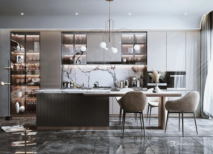 Elegant Modern Restaurant Interior Design With Marble Counter Pendant Lights And Dining Chairs 3d model 