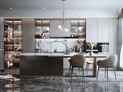 Elegant Modern Restaurant Interior Design With Marble Counter Pendant Lights And Dining Chairs 3d model