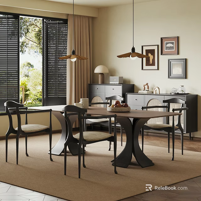 Elegant Dining Room Interior With Wooden Table Black Chairs Pendant Lights And Framed Art 3d model 