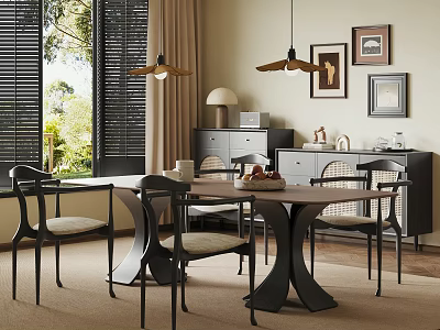 Elegant Dining Room Interior With Wooden Table Black Chairs Pendant Lights And Framed Art 3d model