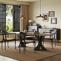 Elegant Dining Room Interior With Wooden Table Black Chairs Pendant Lights And Framed Art