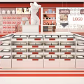 Clothing Store Interior Design With Mannequins Round Display Tables And Red White Decor