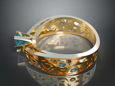 Exquisite Golden Ring With Intricate Hollow Design And Blue Gemstones 3d model