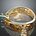 Exquisite Golden Ring With Intricate Hollow Design And Blue Gemstones
